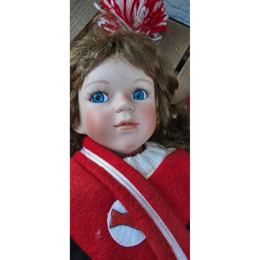 Geppeddo Porcelain Collector Doll Brunette Cheerleader Red White Uniform 16 inch